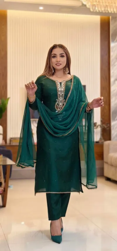 Topeto Silk Three Piece with Stone Work Embroidery, Sizes 42 and 44