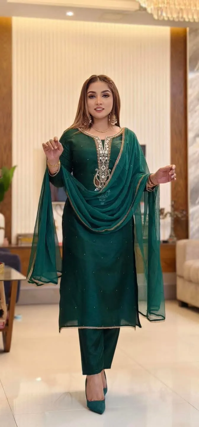 Embroidered Topeto Silk Three Piece, Lace Chiffon Orna, 6 Colours