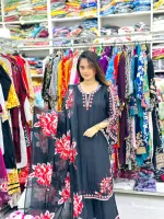 Women's Puja Linen Three Piece with Embroidery and Digital Print Orna