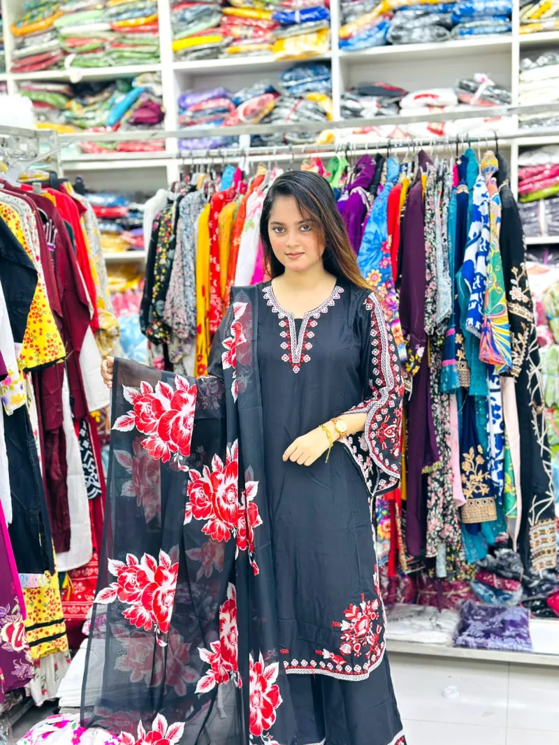 Women's Puja Linen Three Piece with Embroidery and Digital Print Orna