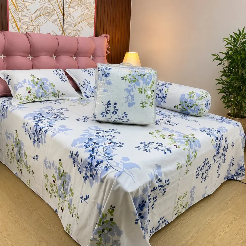 Quilted Comforter and Bed Sheet Set in Pure Twill Cotton, 5 Pieces