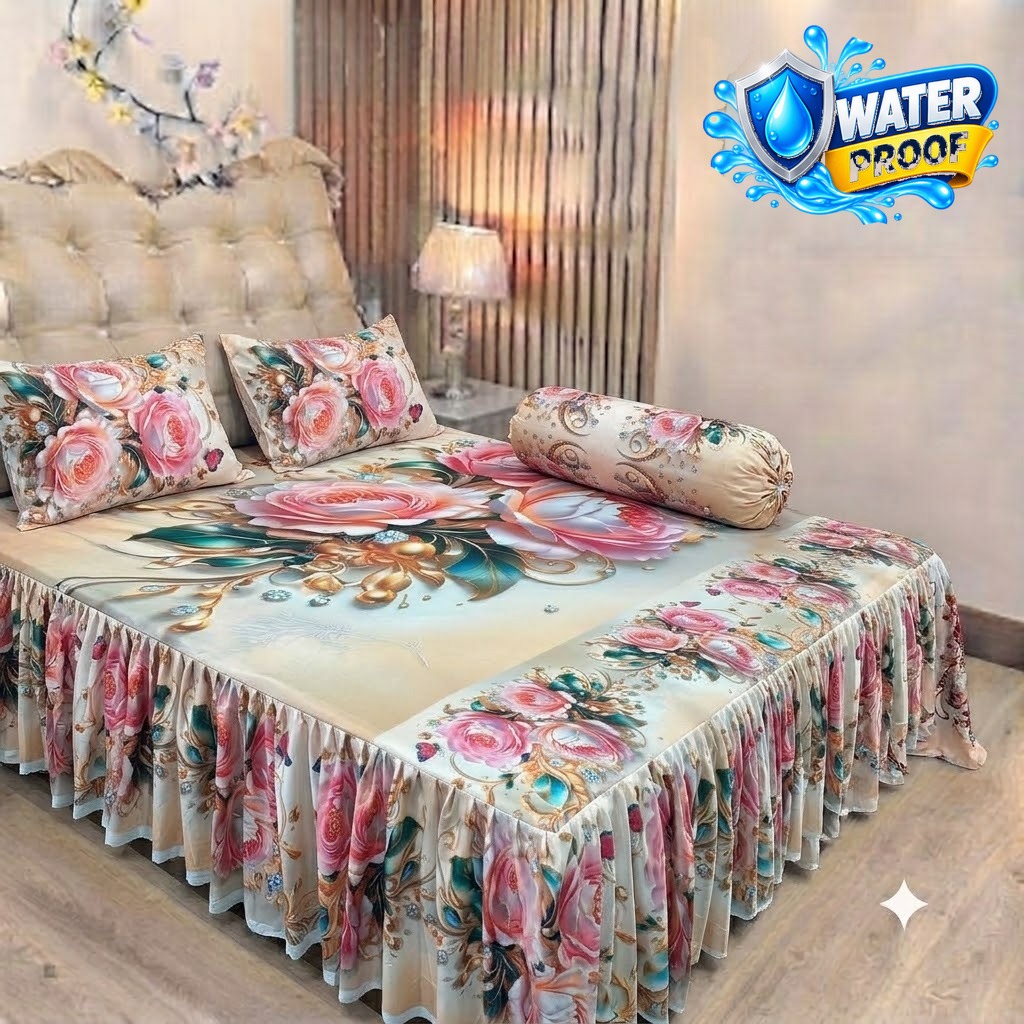 Waterproof 3D Ruffle Bedsheet Set with Pillow Covers, 7x8 ft