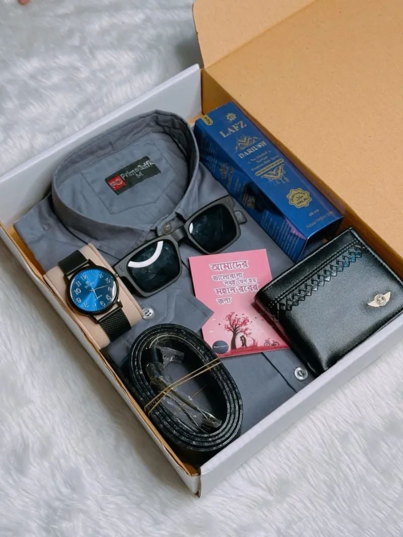 Men's Cotton Shirt Gift Box Set with Belt, Sunglasses and Watch