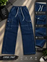 Men's 6 Pocket Baggy Cargo Denim Pant with Drawstring Waist