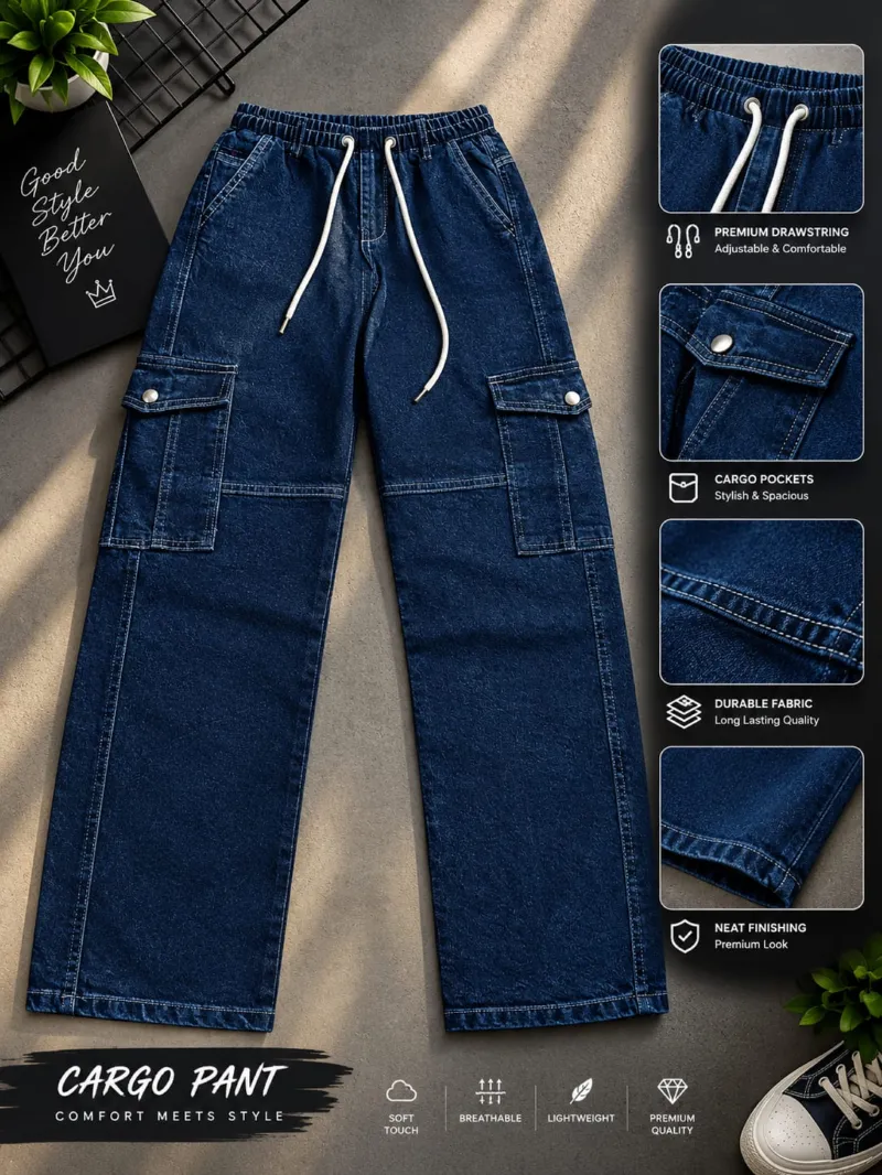 Men's 6 Pocket Baggy Cargo Denim Pant with Drawstring Waist