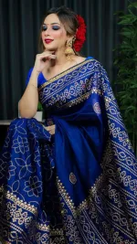 Women's Hand Print Half Silk Saree, 12 Haath Long