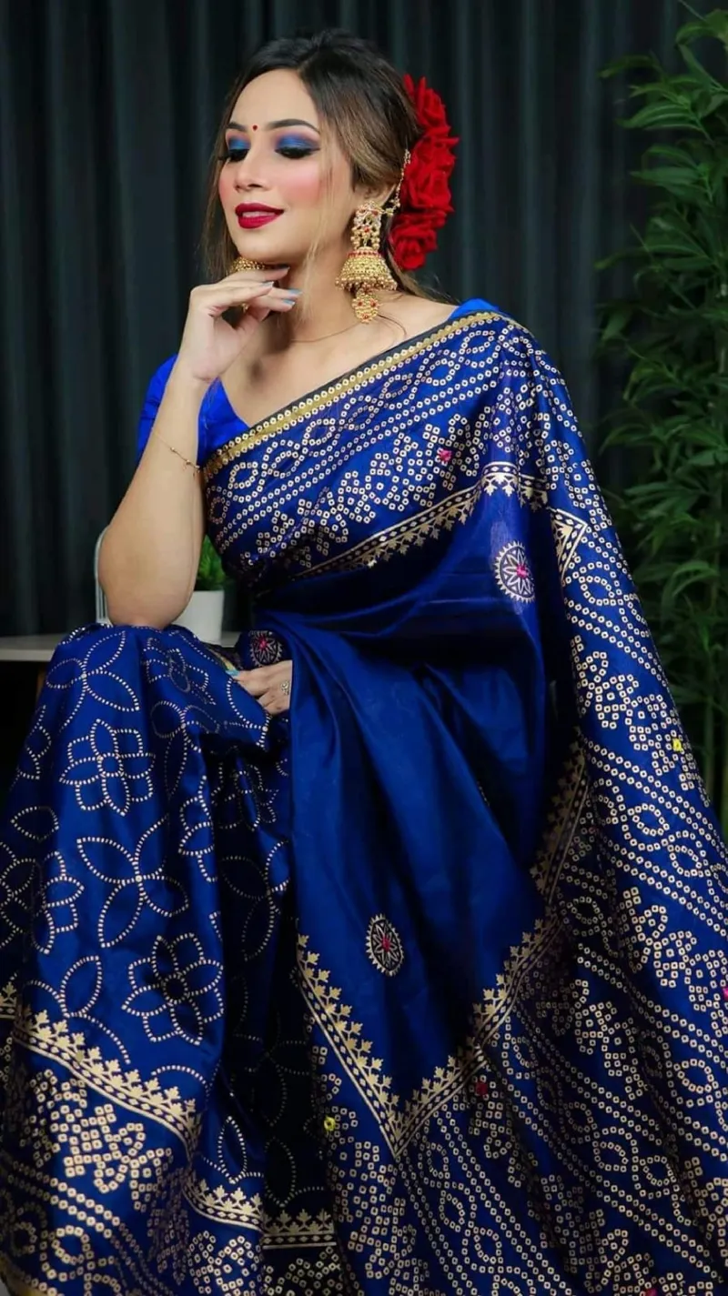 Women's Hand Print Half Silk Saree, 12 Haath Long