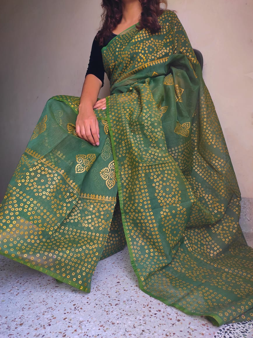 Resham Silk Chunri Block Print Saree with Dollar Work, 13 Haath