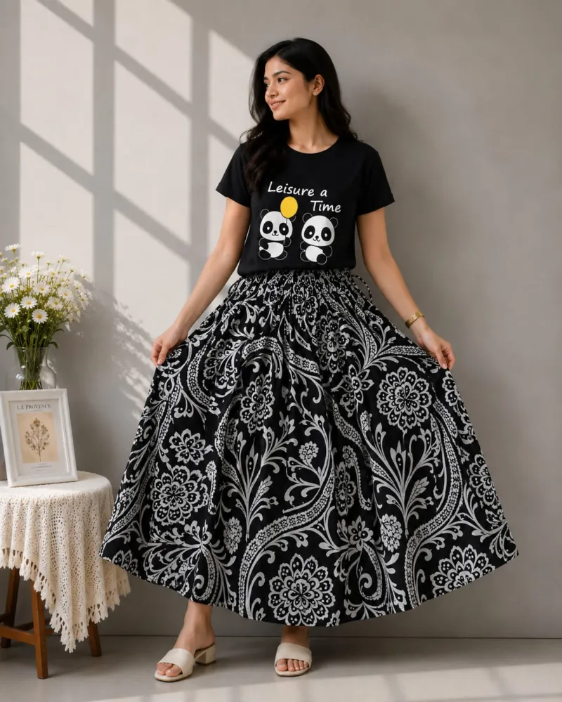Women's Linen Skirt and DTF Print T-Shirt Set, 160 GSM Pure Cotton