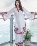 Women's Puja Linen Three Piece with Embroidery and Digital Print Orna