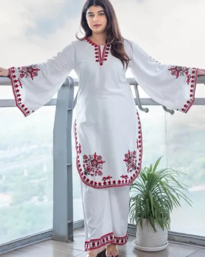 Women's Puja Linen Three Piece with Embroidery and Digital Print Orna