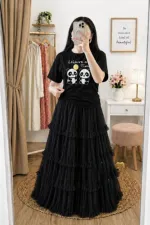 Pure Cotton T-Shirt and Soft Net Skirt Set, 200 Inch Flare