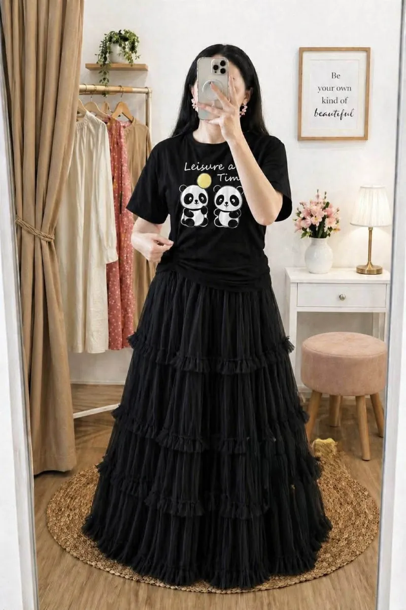 Pure Cotton T-Shirt and Soft Net Skirt Set, 200 Inch Flare