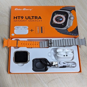 HT9 Ultra Smart Watch + TWS Combo with Double Strap- Silver Color