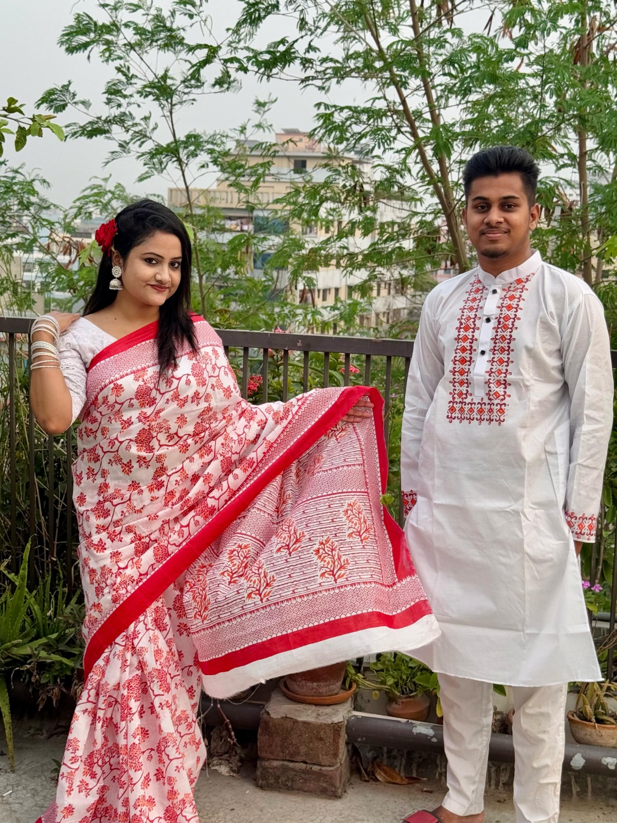 Half Silk Saree and Dhupian Panjabi Couple Dress, No Blouse