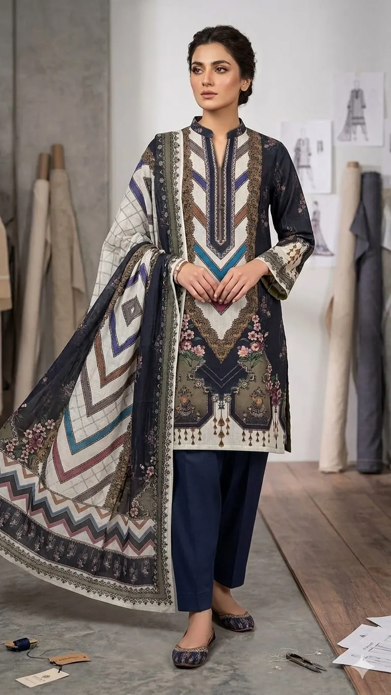Pure Cotton Unstitched Three Piece, 48 Inch Kameez, 2 Colours
