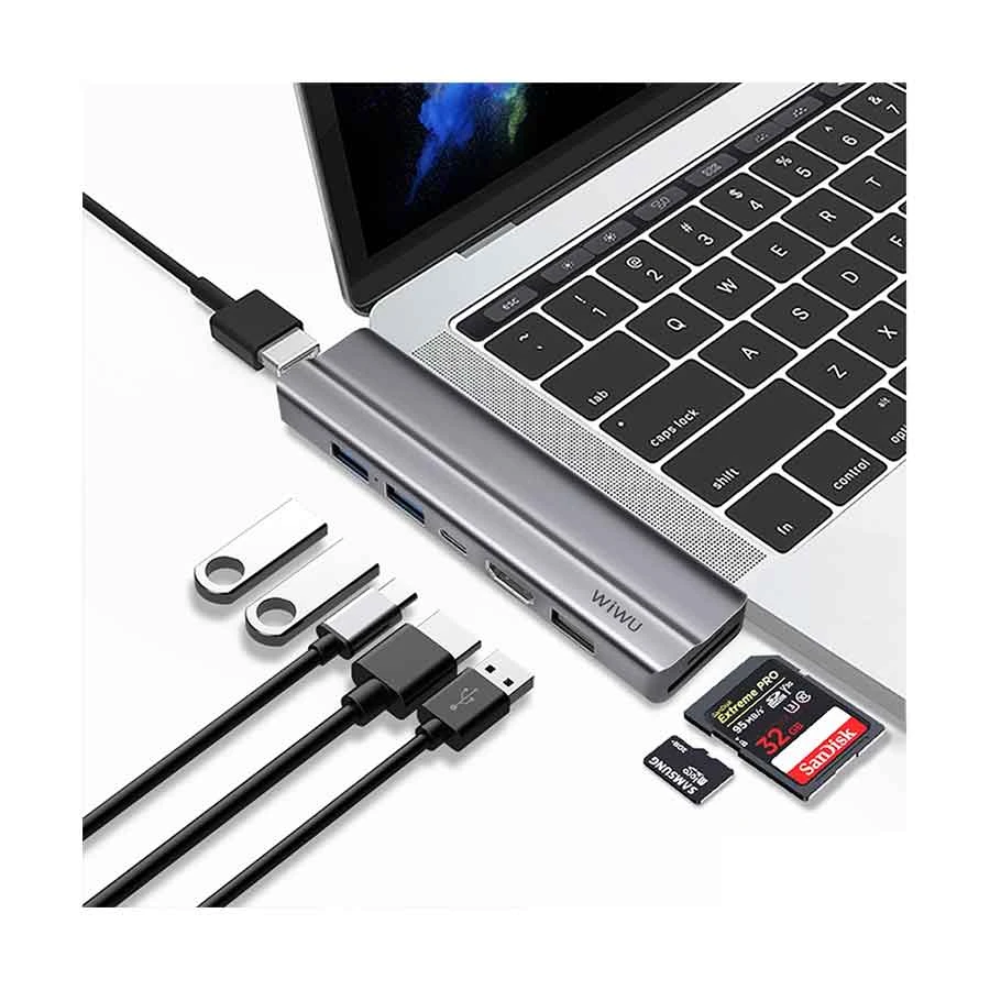 WiWU T9 Dual USB-C to Dual HDMI, Tri USB, SD, TF & Type-C Hub Gray