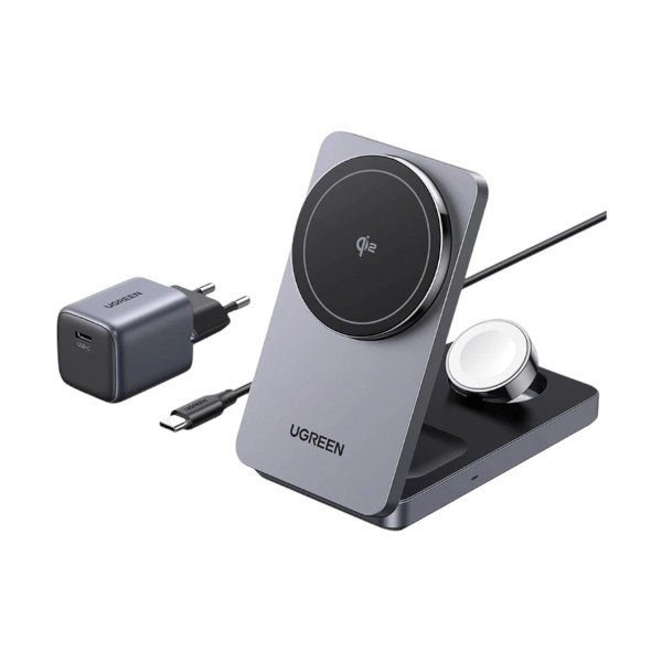 Ugreen MagFlow W707 25W Qi2 3-in-1 Grey Magnetic Wireless Charger with Stand