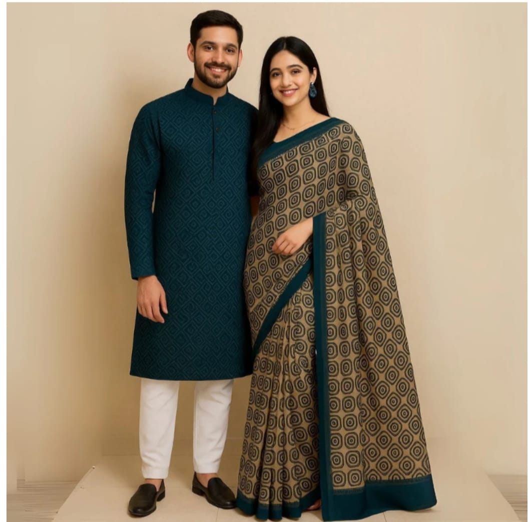 Couple Eid Combo, Digital Print Silk Saree, Panjabi and Pajama