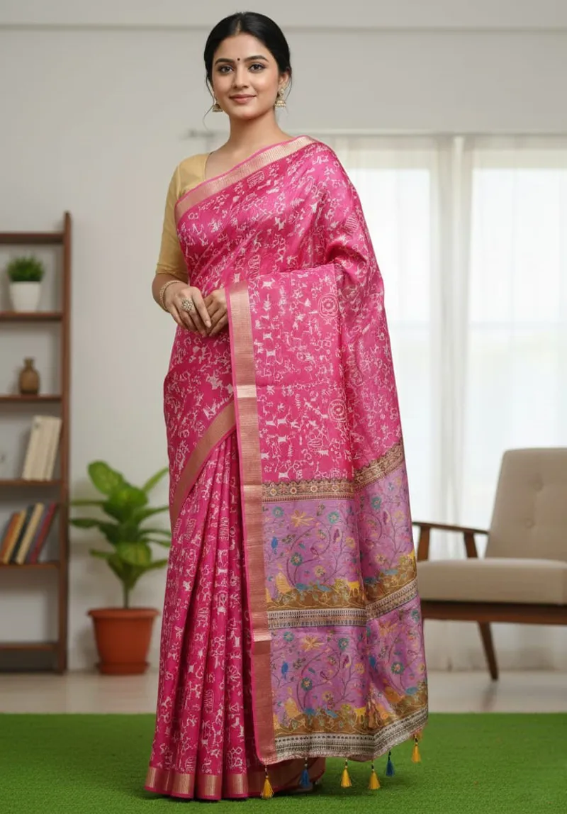 Kaftan Silk Digital Print Saree with Tassels and Zari Border