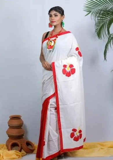 Women's Half Silk Hand Print Saree, 6 Colour Choices