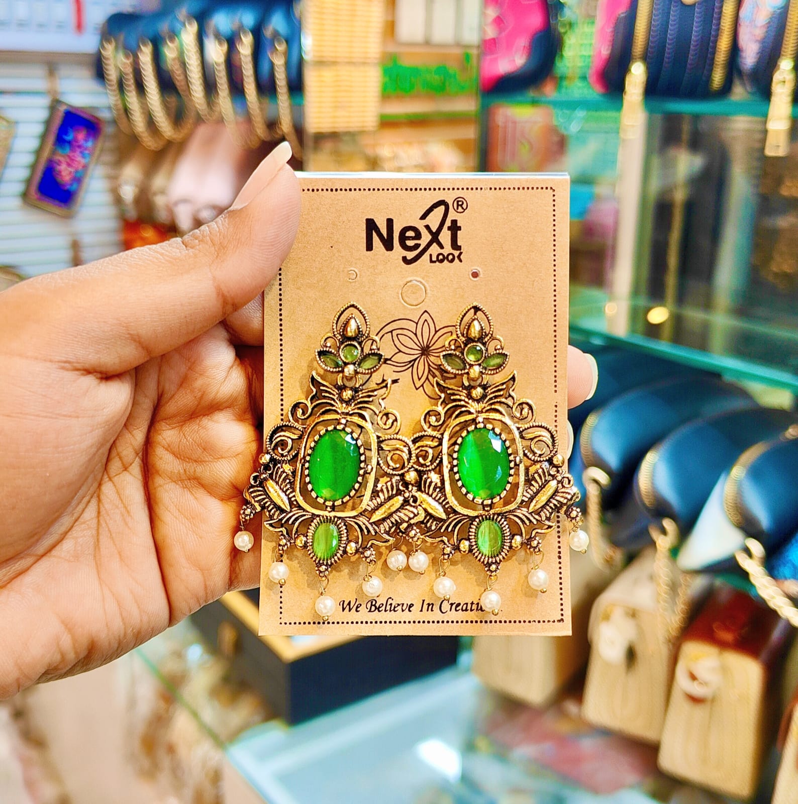 Antique Gold Emerald Green Stone & Pearl Drop Earrings