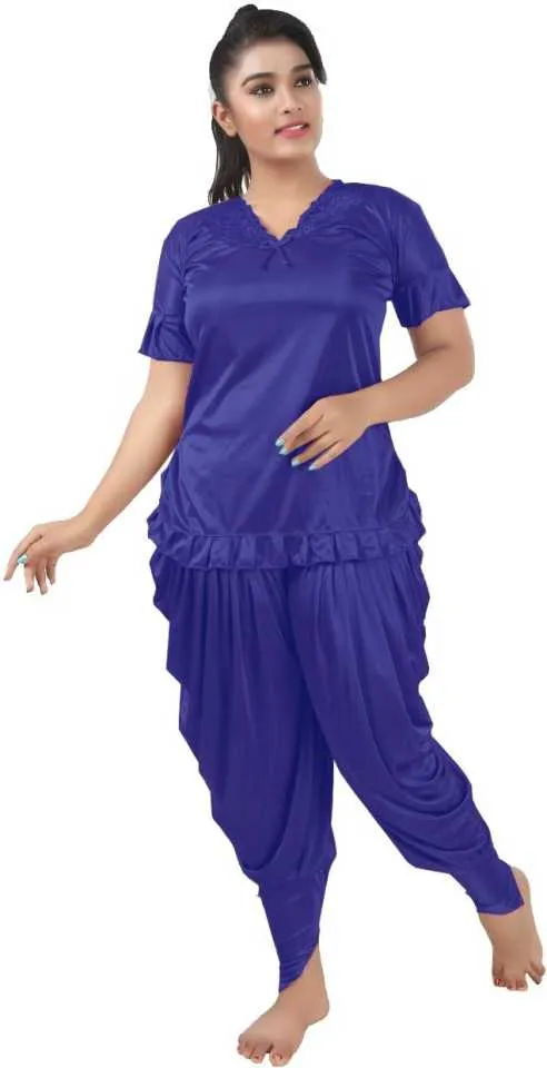 Satin Dhoti Pattern Night Dress, Top and Salwar, Free Size