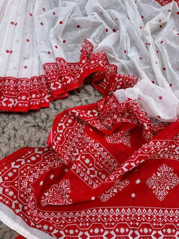 Half Silk Jamdani Print Saree for Puja, 6 Colours