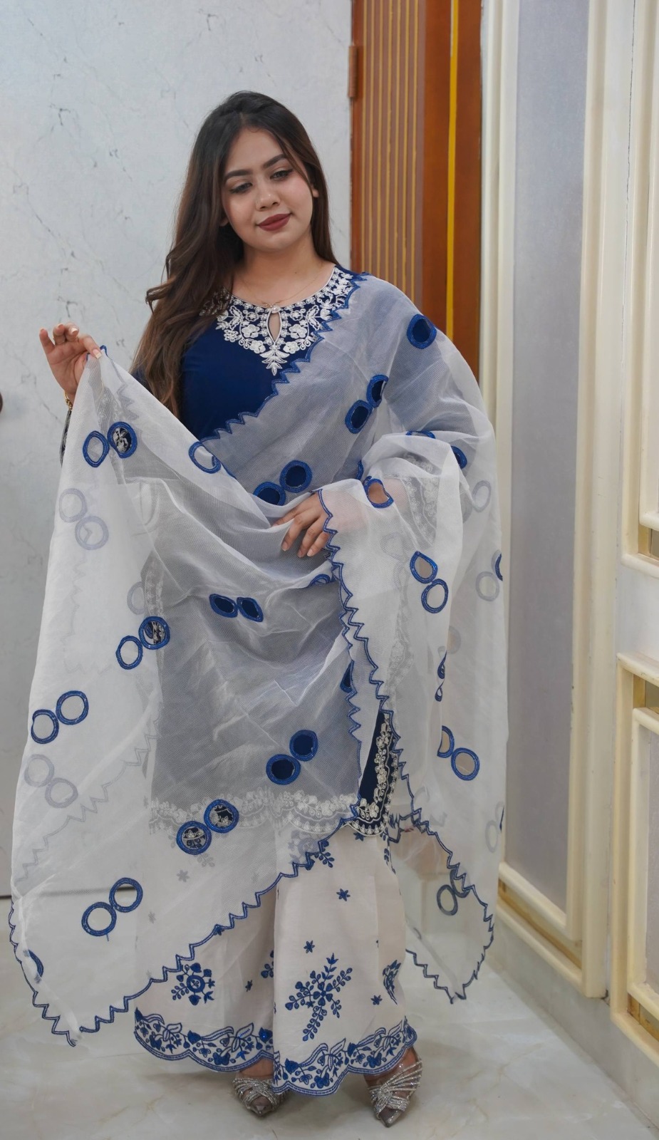 Blue White Design Cotton Garara Dress with Embroidered Georgette Orna