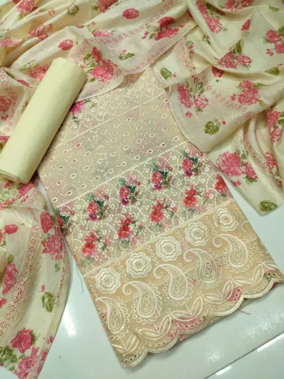 Unstitched Chikankari Cotton Three Piece with Aari Work Orna