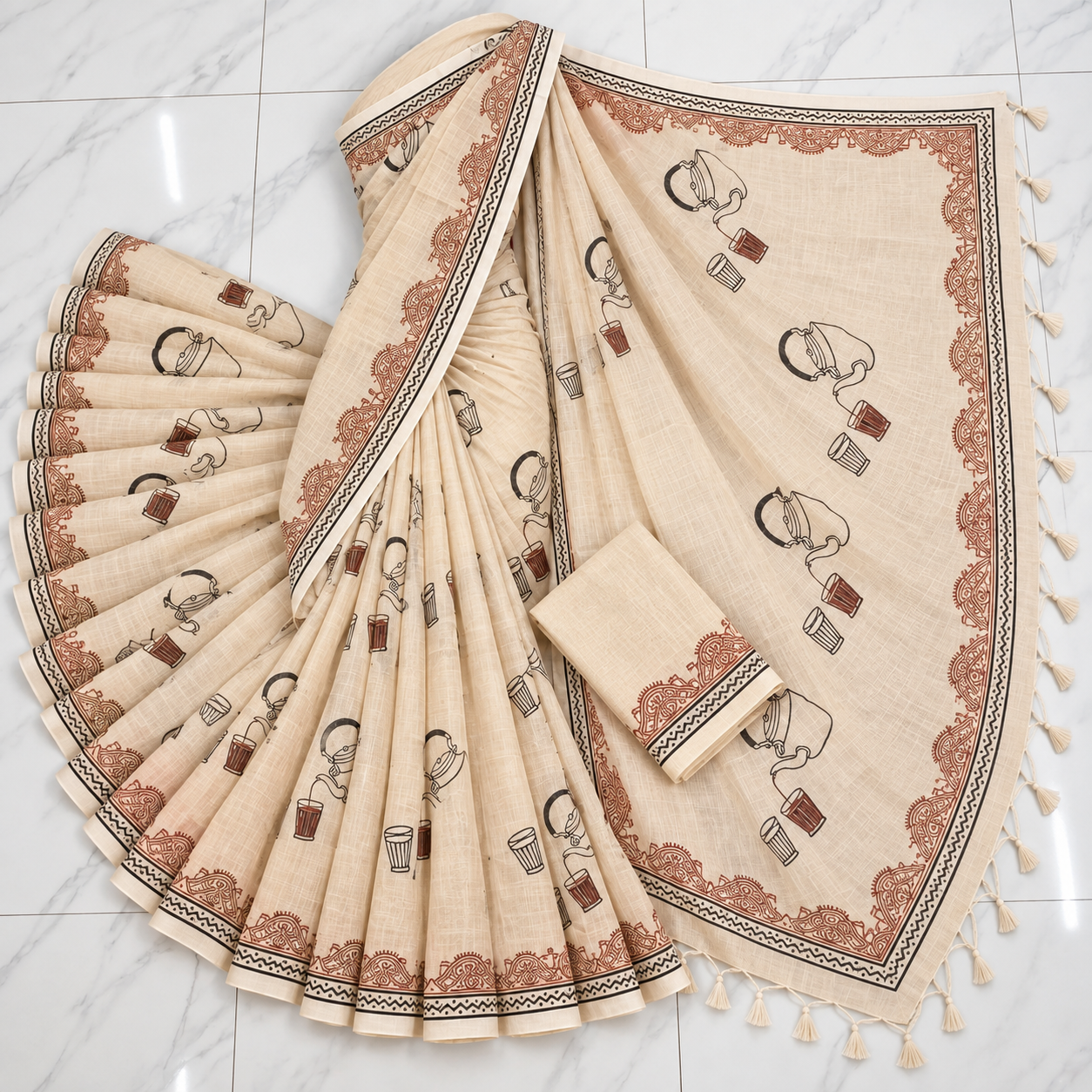 Exclusive Off-White ‘Tea-Lover’ Art Block Print Cotton Saree