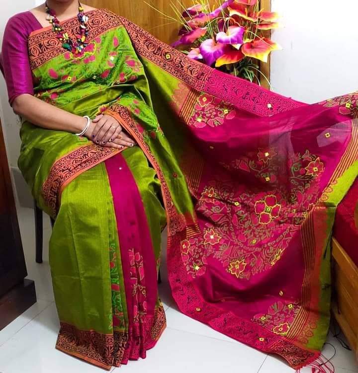 Women's Half Silk Hand Print Saree in 6 Shades, 12 Haath