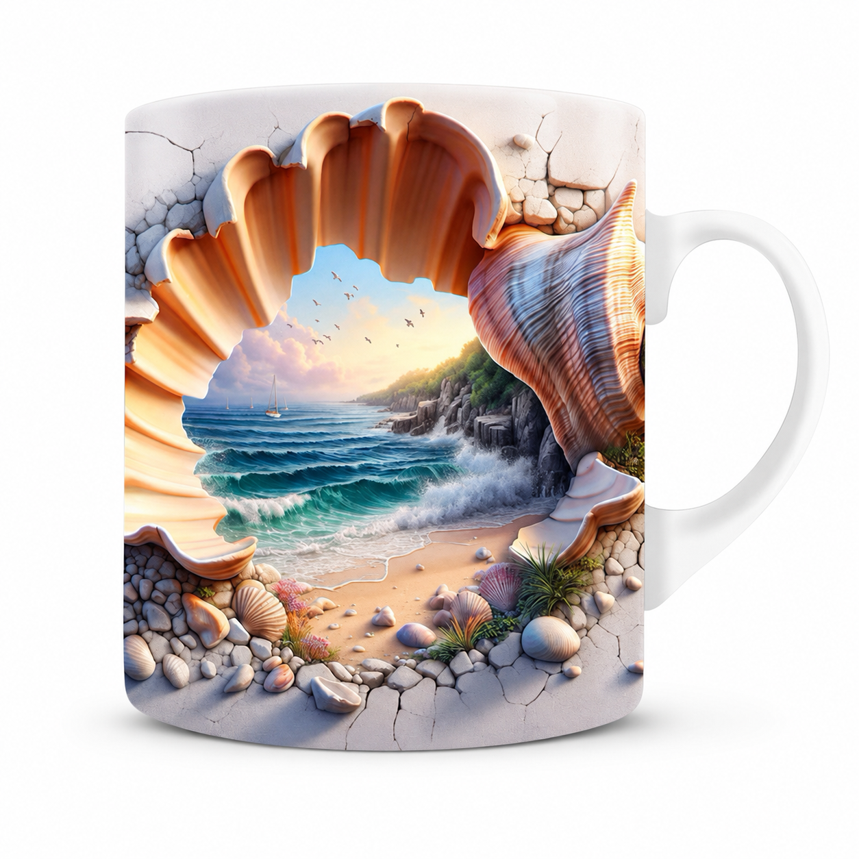 Ocean Shell Mug – Premium Ceramic Coffee Mug with 3D Seaside Shell Wraparound Design, Microwave & Dishwasher Safe