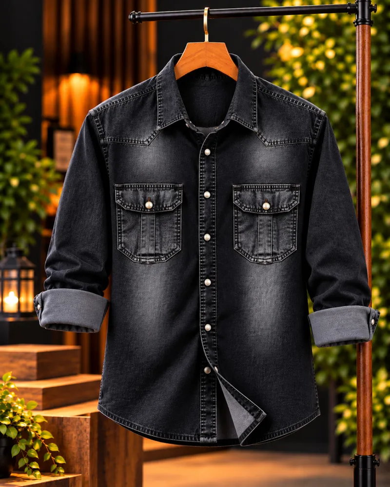 Men's Denim Shirt with Pocket and Snap Buttons, 220+ GSM