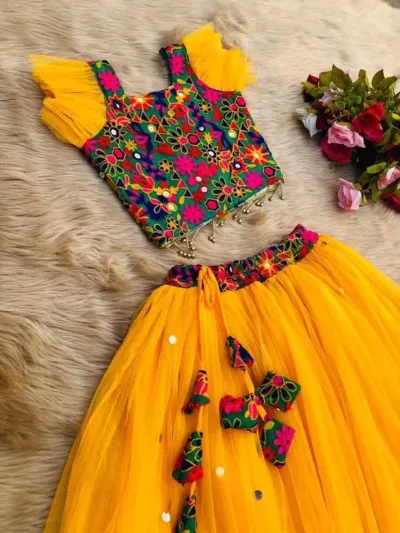 Girls' AC Net Party Lehenga with Aari Work, Ages 1 to 12