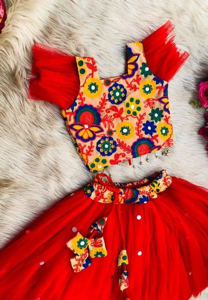 Girls' AC Net Party Lehenga with Aari Work, Ages 1 to 12