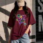 Premium Drop Shoulder T-Shirt for Women |Trendy Print Oversized Tee | Summer Friendly Maroon