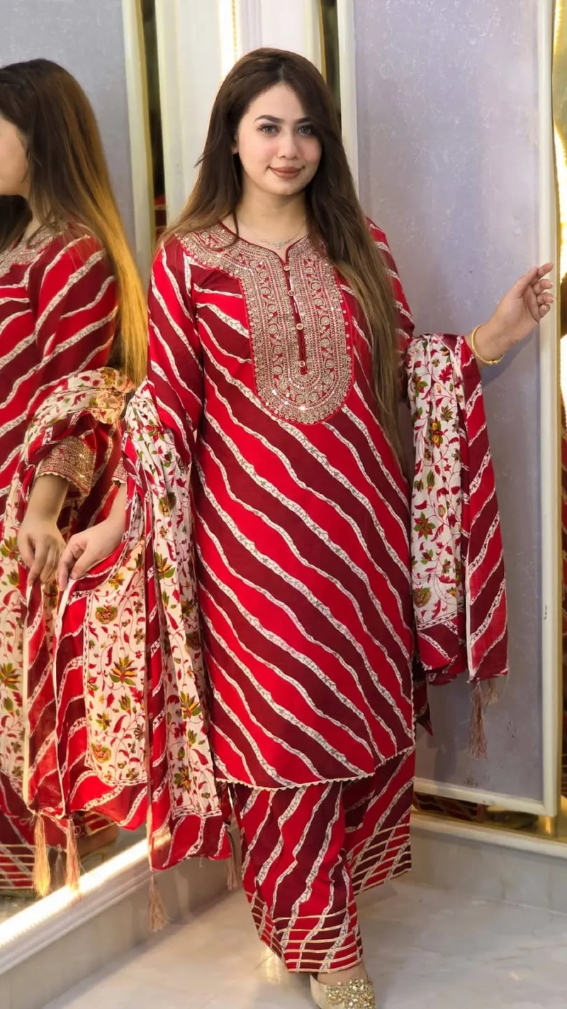 Women's Printed Cotton Three Piece, 5 Haath Orna, L to XXL