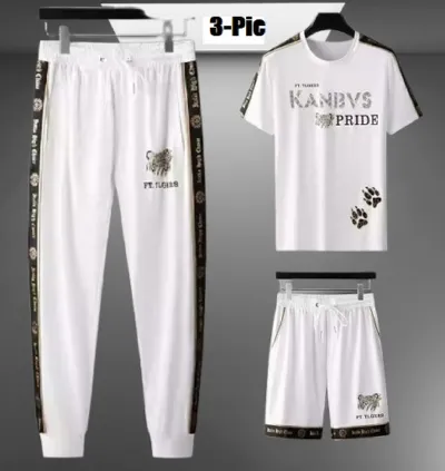 Men's Printed Half Sleeve T-Shirt, Full Pant and Half Pant Set