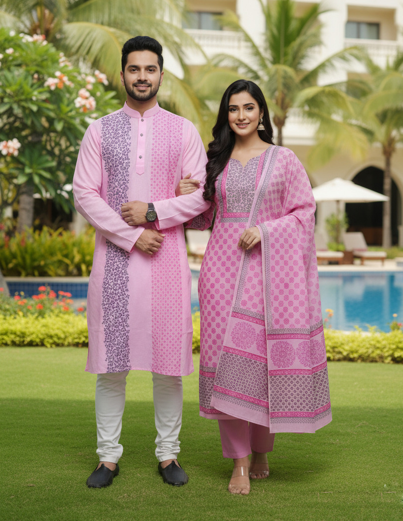 Couple Full Sleeve Three Piece and Hand Print Silk Panjabi