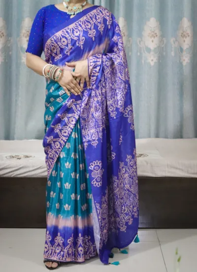 Soft Silk Digital Print Saree with Tassels and Blouse, 2 Colours
