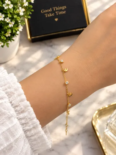 Anti-Tarnish Golden Crescent Moon, Star & Crystal Charm Bracelet