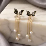 Cubic Zirconia Decor Butterfly & Faux Pearl Drop Earrings