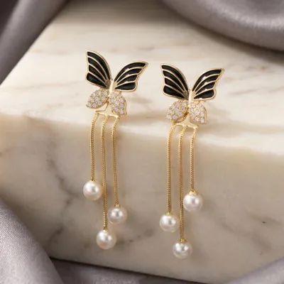 Cubic Zirconia Decor Butterfly & Faux Pearl Drop Earrings