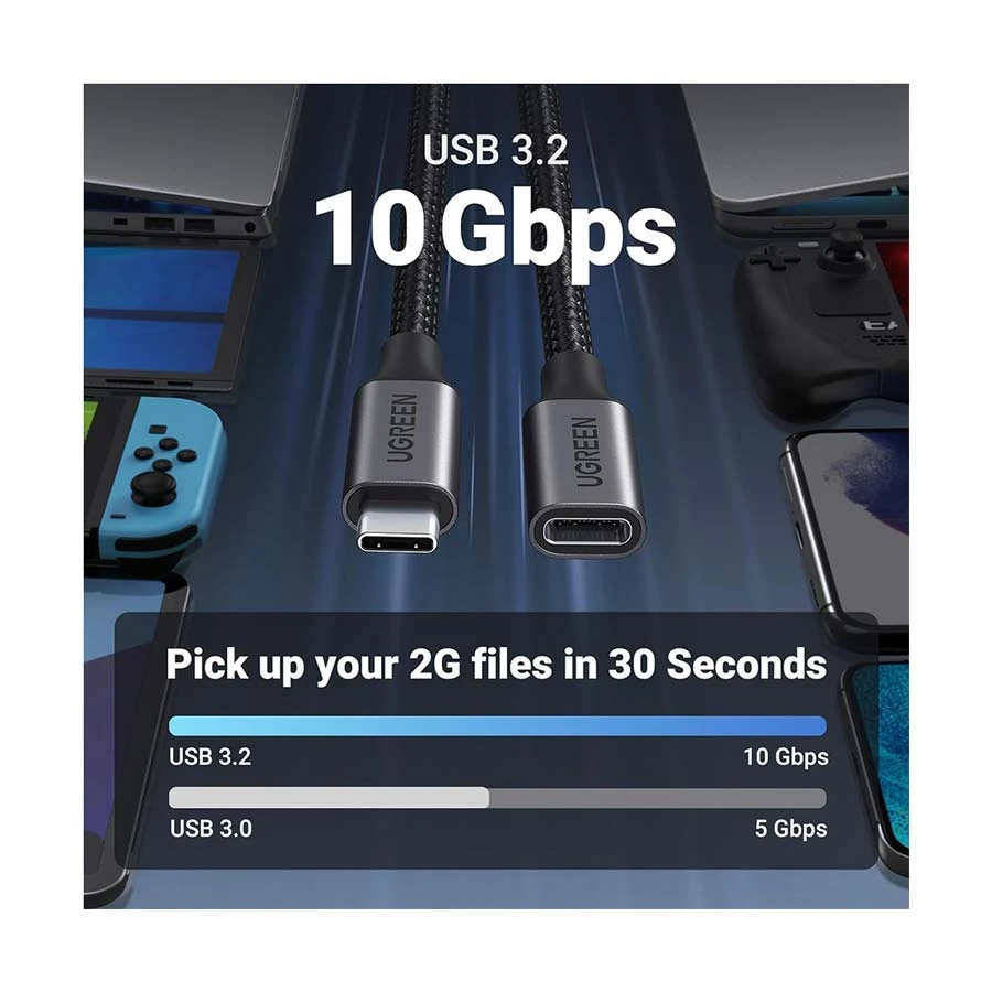 UGREEN US372 (45191) USB 3.2 Type-C Extension Cable 1m Dark Gray