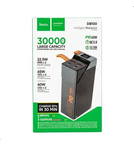 Hoco DB100 Harmony 30000mAh 65W Fast Charging Power Bank – PD & QC 3.0 Support, Dual Type-C & Dual USB-A Ports, Smart Digital LED Display & Laptop Charging Compatible