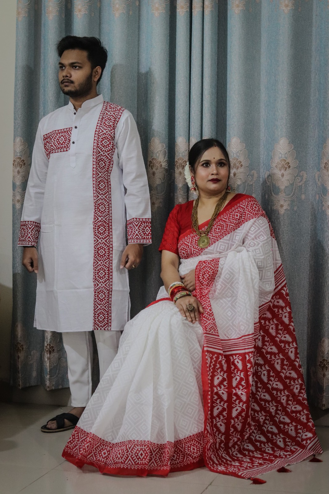 Couple Set of Half Silk Saree and Slub Cotton Panjabi, Sizes 38 to 46