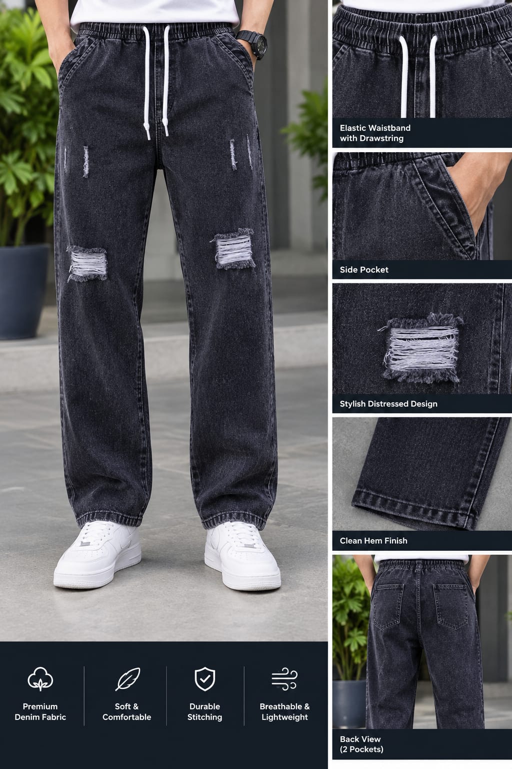Men's Semi Baggy Cargo Denim Pant, 3 Colour Choices