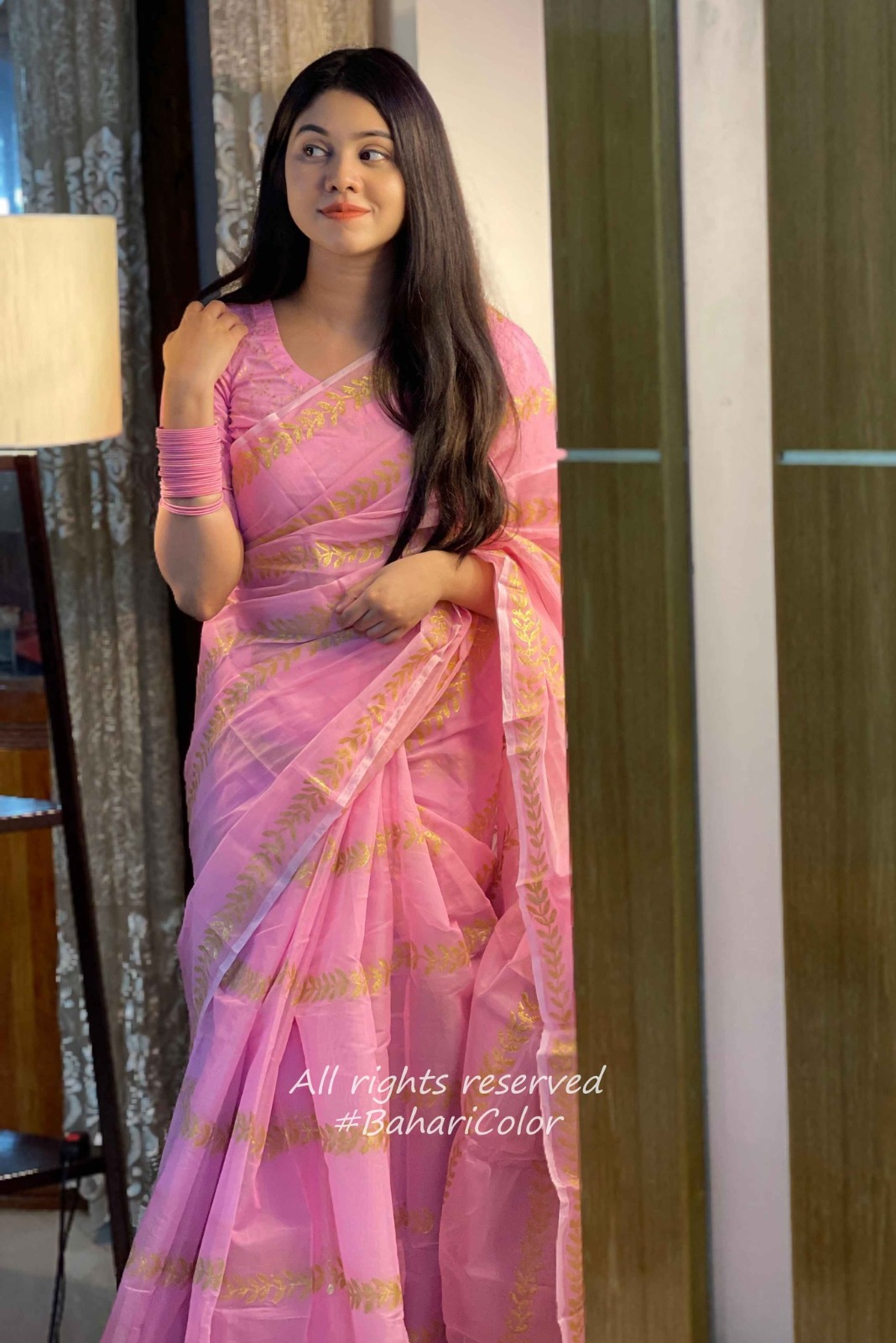 Semi Muslin Block Print Saree with Cotton Voile Blouse Piece