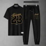 Men's Matching Tee and Trouser Set, Mesh Jersey with Screen Print